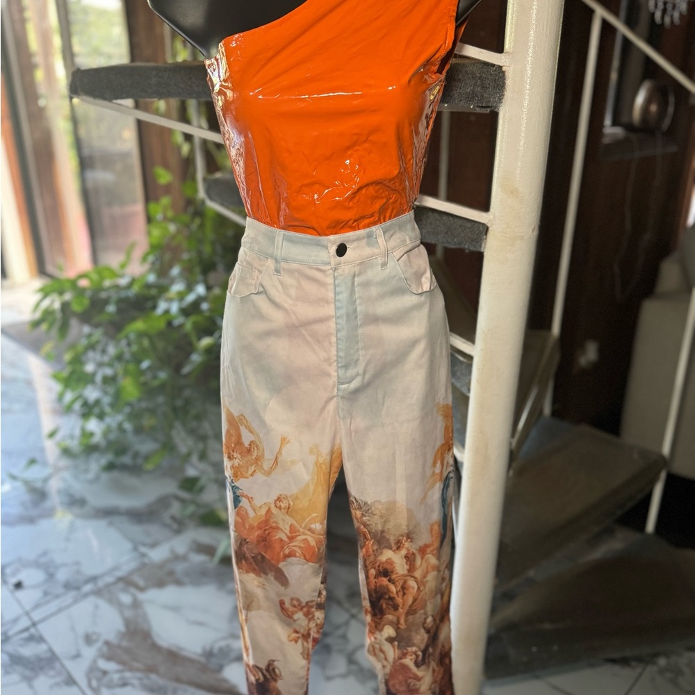 Orange One-Shoulder bodysuit with Artistic Pants